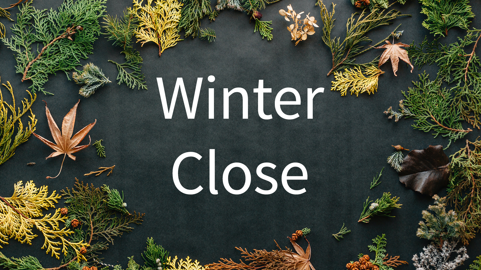 photo of leaves and branches from evergreens  and maple trees with text "Winter Close"