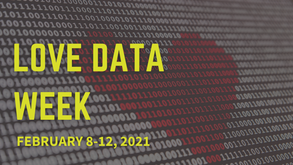 Background of binary code with a heart made of red ones and zeros. Yellow text: "Love Data Week February 8-12, 2021"