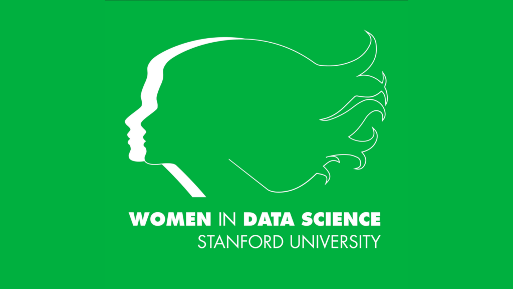 Green background with the Women in Data Science logo: white silhouette of a woman's face in profile with hair flowing behind her