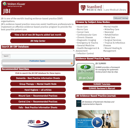 Screenshot of the JBI Dashboard, which includes options to Search JBI EBP Database, Recommended Searches, Browse by Subject Area Nodes, Evidence-Based Practice Tools, and JBI Evidence-Based Practice Journal