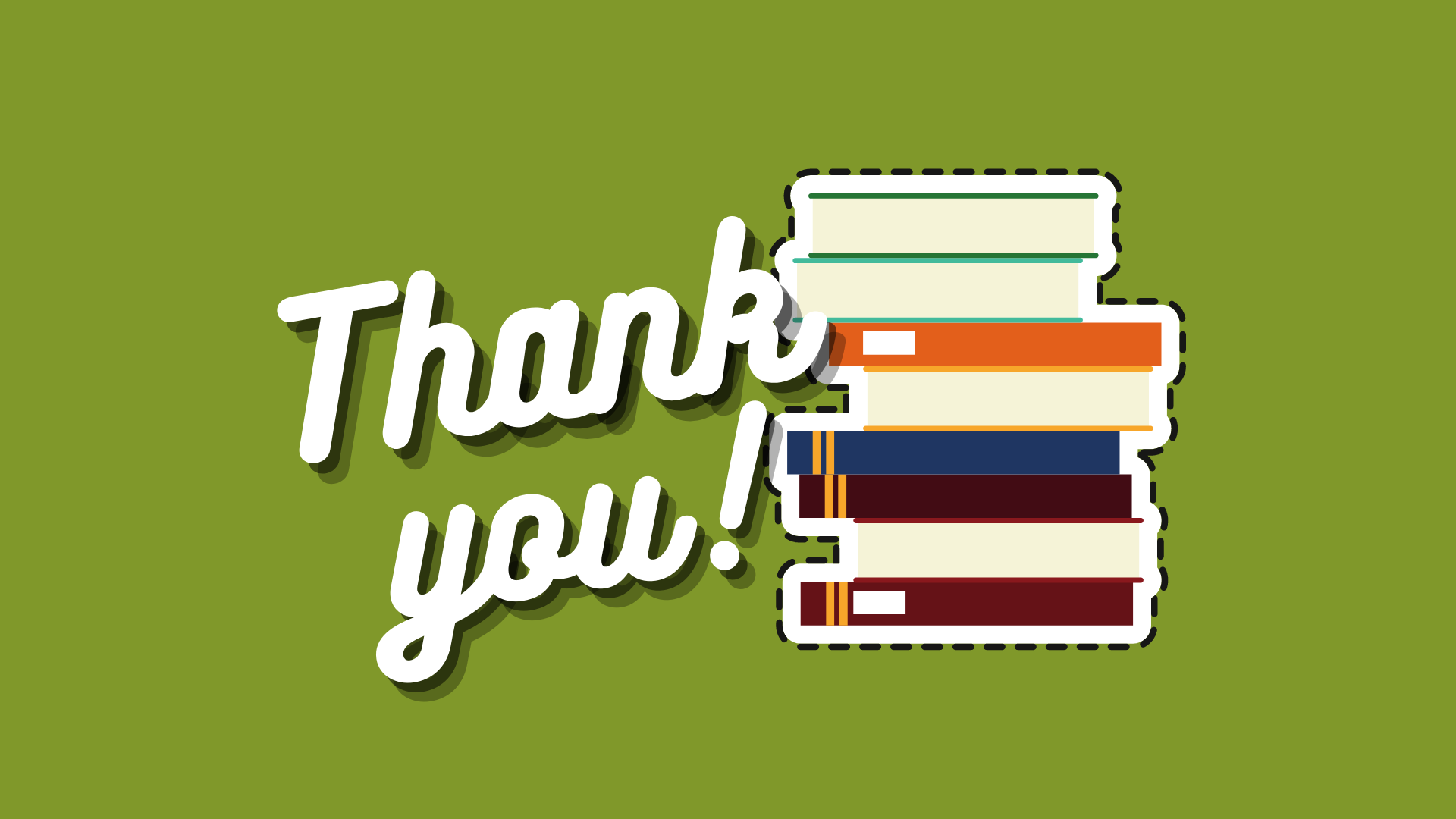 Graphic of a stack of books and the words "Thank you" on green background