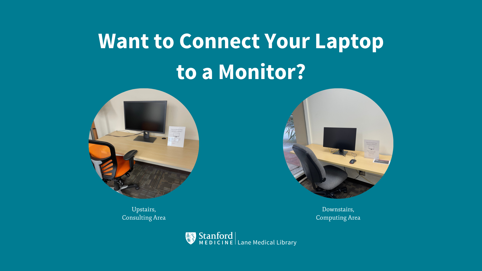 Two pictures of the new monitors with the text "Want to Connect Your Laptop to a Monitor" on a teal background