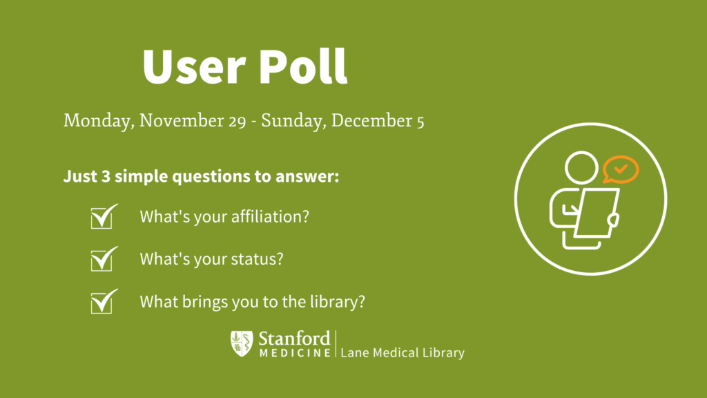 Text: "User Poll, Monday, November 29 - Sunday, December 5, Just 3 simple questions to answer: What's your affiliation?, What's your status?, and What brings you to the library" on a green background with an icon of a person with a clipboard and a check mark in a word bubble.
