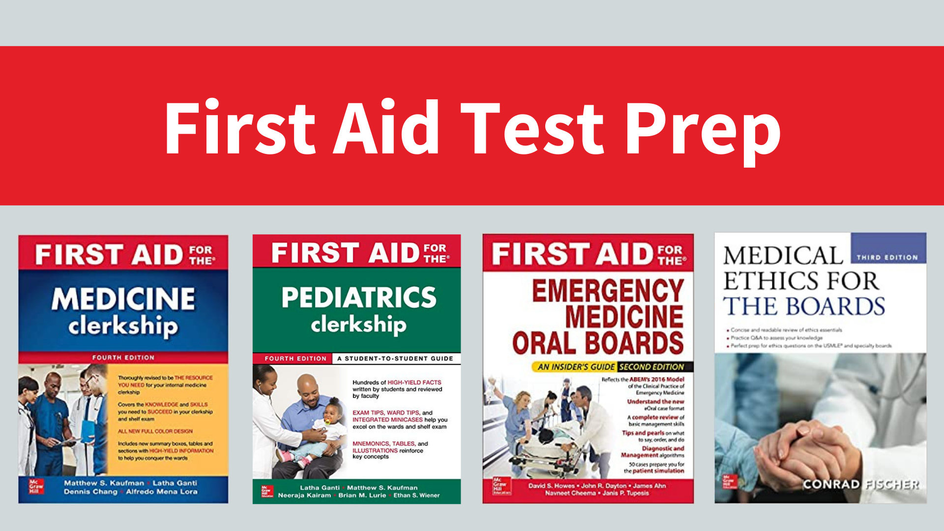 Images of four book covers for First Aid Test Prep titles