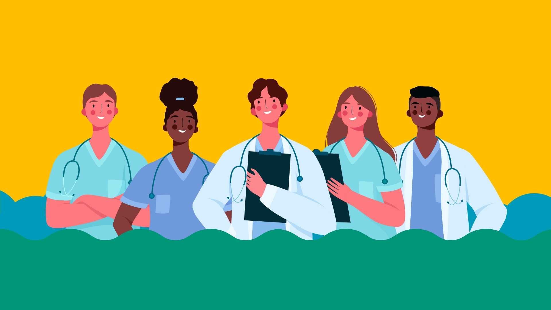 illustration of five clinicians on a color yellow, blue, and green background