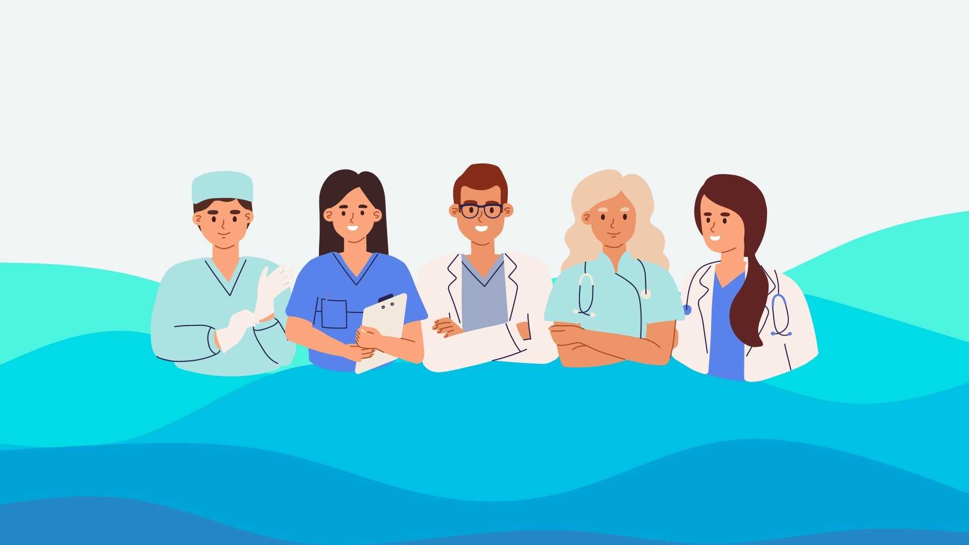 illustrated healthcare workers on a blue wave background