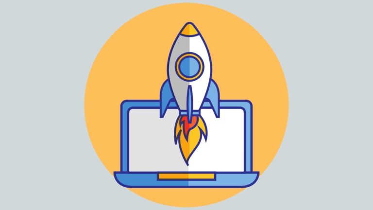 illustration of a rocket ship taking off from a laptop to indicate research impact