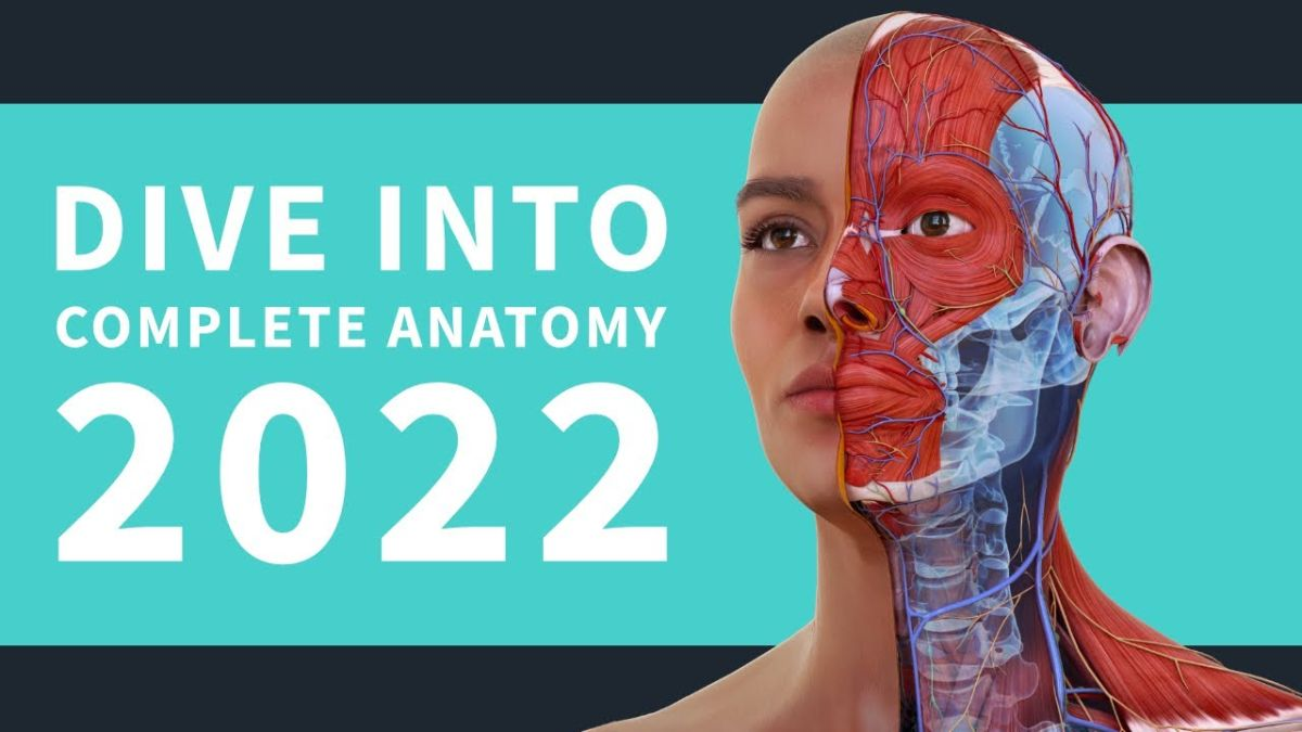 Graphic of human anatomical model with the text "Dive into Complete Anatomy 2022"