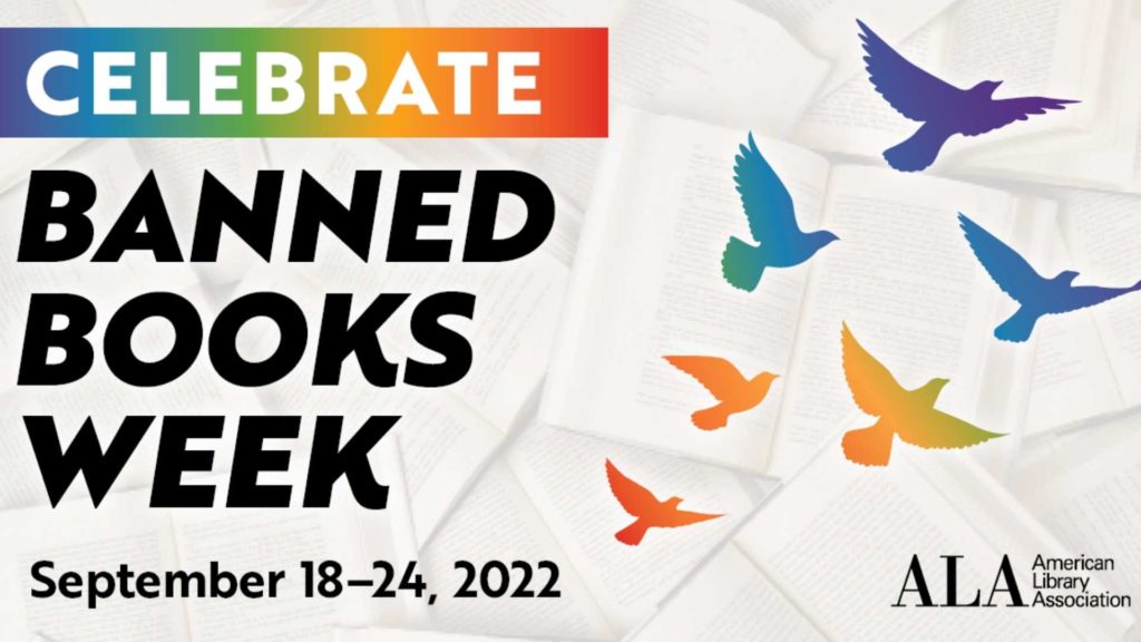 book pages with colorful silhouettes of birds and text reading "celebrate banned books week"