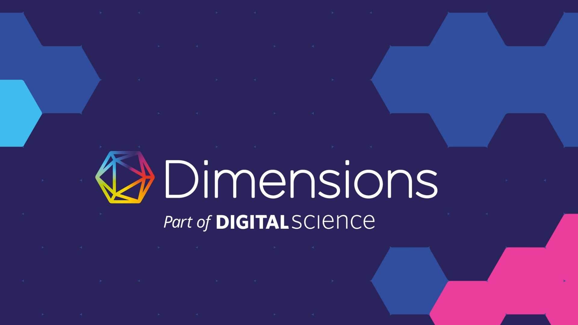 text "Dimensions, Part of Digital Science" on a blue background and the logo of Dimensions
