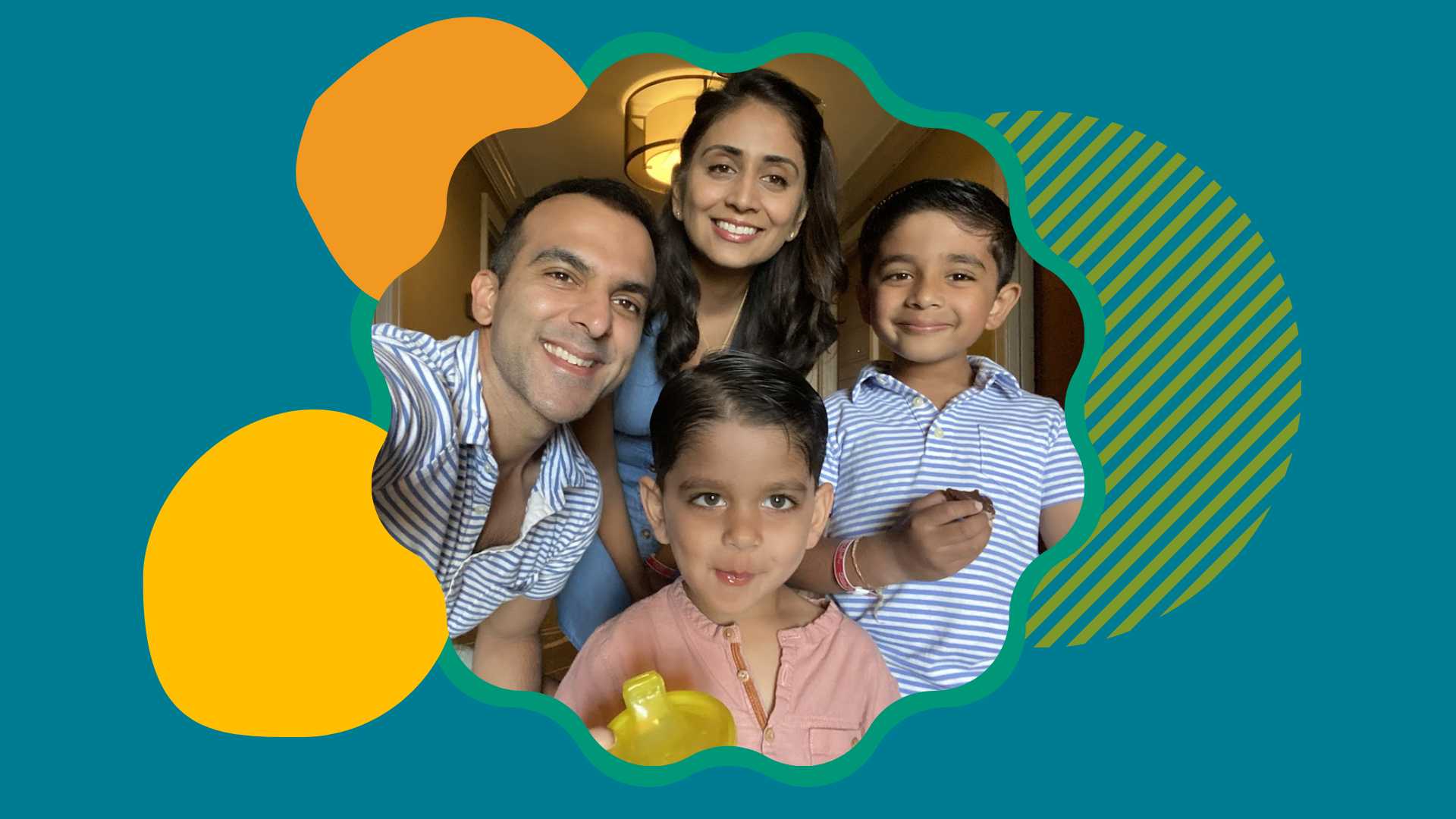 Amit smiling, surrounded by his wife and children. Colorful shapes surround the photo on a teal background