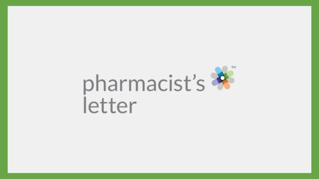 Text "Pharmacist's Letter" on a grey background. To the right of the text, there is an asterisk graphic with colorful pills in a circular pattern