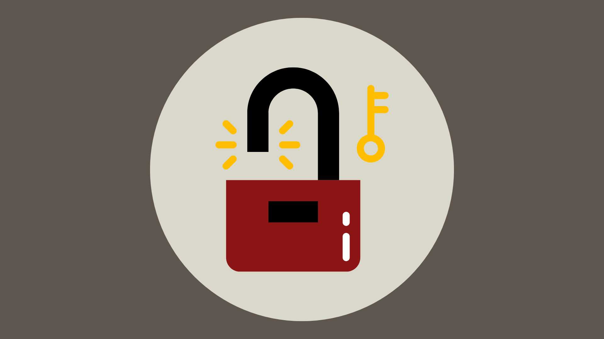 Unlocked padlock graphic with a key to the right, and lines emphasizing that the padlock is unlocked. On a tan circle