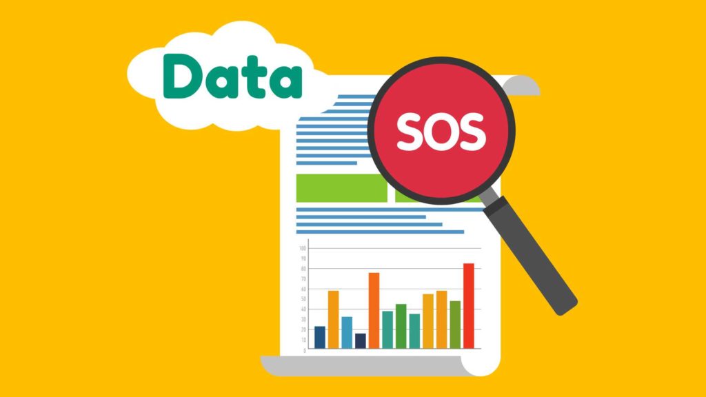 illustration of page with charts and graphs and a cloud with the word Data and magnify glass with the word SOS
