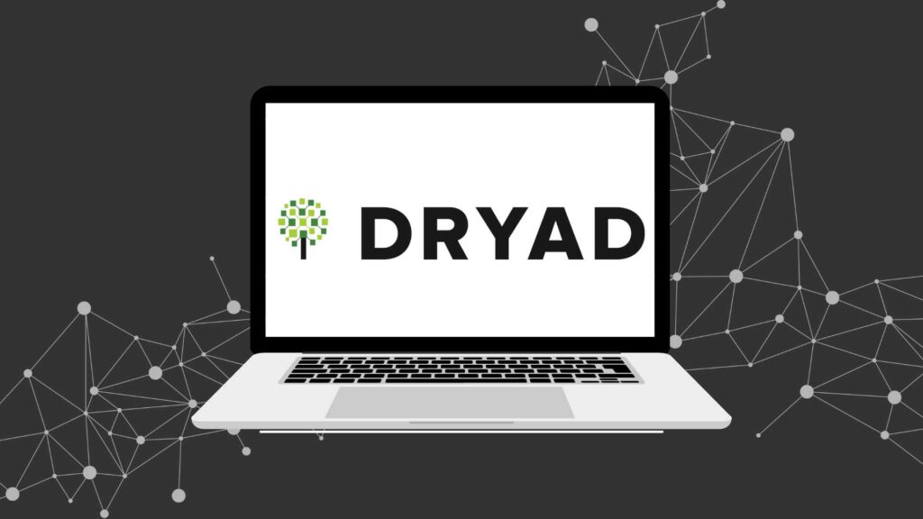 laptop with Dryad logo on a background with connected dots to represent data