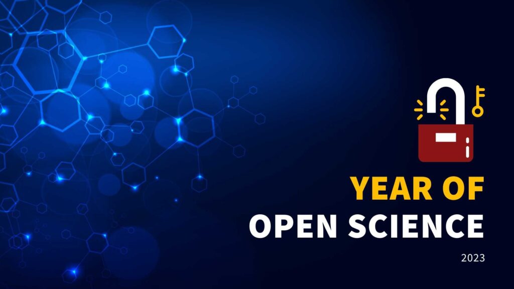 "Year of Open Science 2023" on a blue background with an unlocked lock above the text.