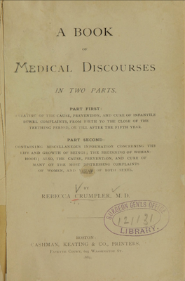 Title page from Dr. Crumpler's book, A Book on Medical Discourses
