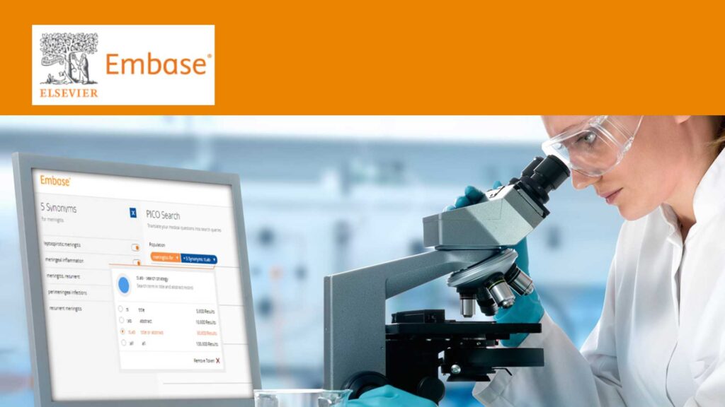 Embase logo on orange background with photo of a scientist at a microscope with Embase on her computer screen