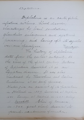 A page from Dr. Yates' handwritten MD thesis, Diphtheria