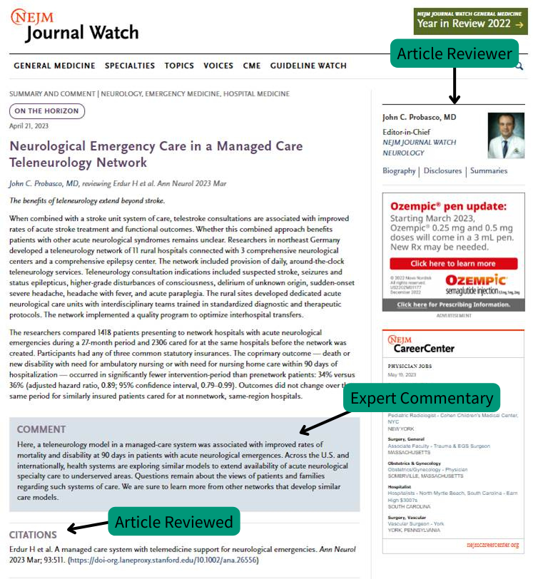 Screenshot of an article review on NEJM Journal Watch, with arrows pointing to the photo of the article reviewer (with a block of text saying Article Reviewer), the comment section (with a block of text saying "Expert Commentary"), and the citations section (with a block of text saying "Article Reviewed").