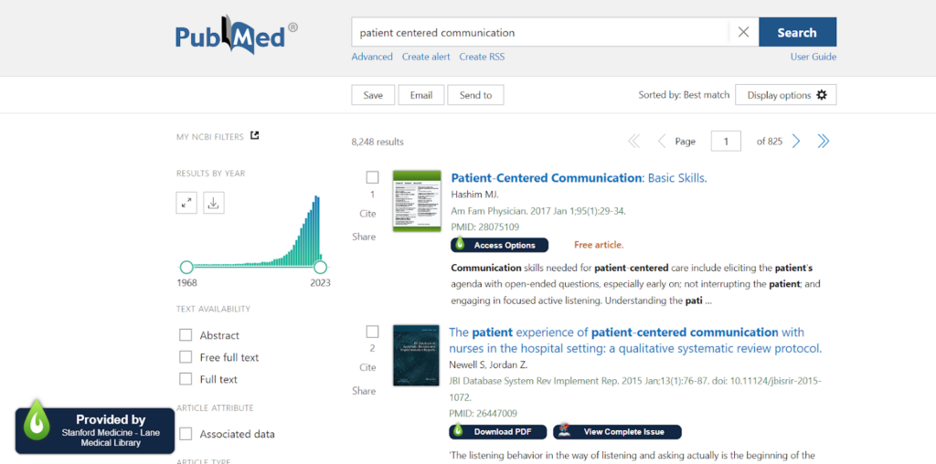 Screenshot of the PubMed search page. The search is for patient centered communication. For each search result, there is a blue icon that says "access options" with the LibKey logo. In the bottom left of the screen, the is an icon that says "Provided by Stanford Medicine - Lane Medical Library"