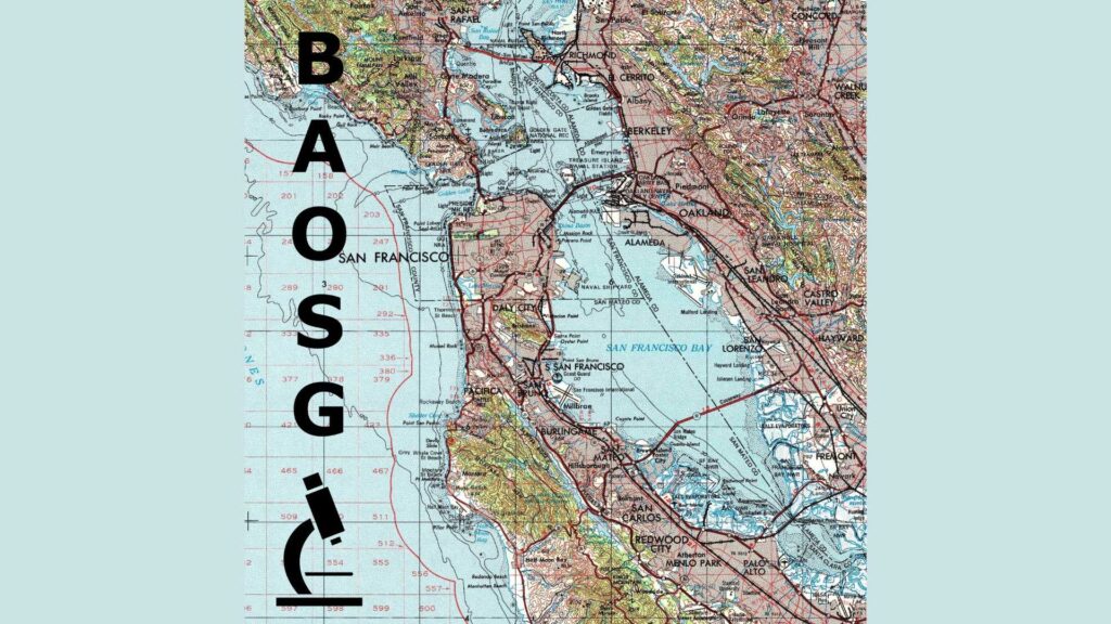 Map of the San Francisco Bay Area with text BAOSG and an icon of a microscope at the bottom
