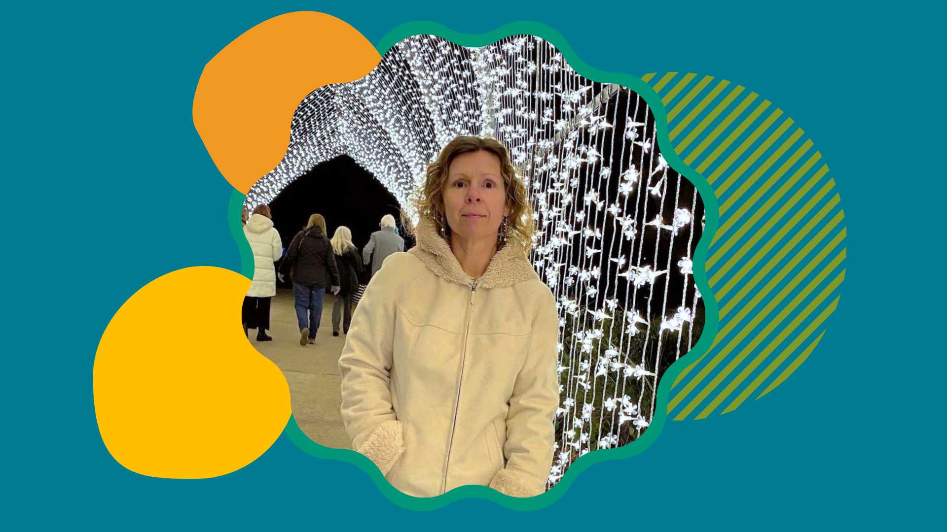 Bogi dressed in a heavy jacket standing under an archway with white lights, that one cold time in Texas. Colorful shapes surround the photo on a teal background