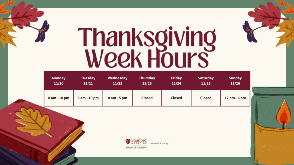 Bold text "Thanksgiving Week Hours" with a table below it describing the holiday hours: Monday, 11/20: 8 am - 10 pm; Tuesday, 11/21: 8 am - 10 pm; Wednesday, 11/22: 8 am - 5 pm; Thursday, 11/23: Closed; Friday, 11/24: Closed; Saturday, 11/25: Closed; Sunday 11/26: 12 pm - 6 pm" Framing the text are graphics of colorful leaves, a pile of books, and a lit candle.