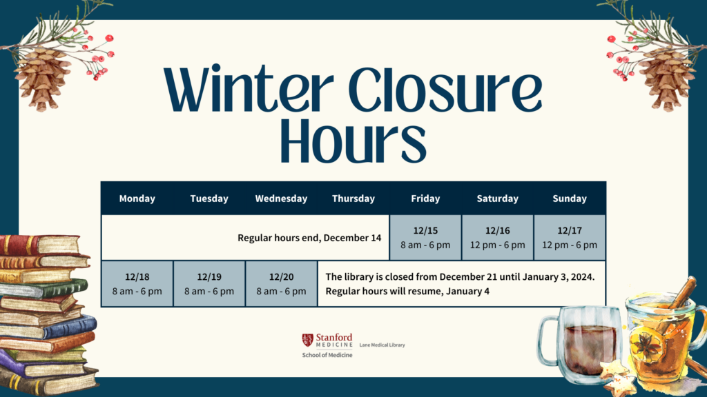 Bold text "Winter Closure Hours" with a table below it describing the holiday hours: "Regular hours end, December 14; Friday, 12/15: 8 am - 6 pm; Saturday, 12/16, 12 pm - 6 pm; Sunday, 12/17, 12 pm - 6 pm; Monday, 12/18, 8 am - 6 pm; Tuesday, 12/19, 8 am - 6 pm; Wednesday, 12/20, 8 am - 6 pm; The library is closed from December 21 until January 3, 2024. Regular hours will resume, January 4" Framing the text are graphics of pine cones and holly berries, books, and a mug of tea and coffee.