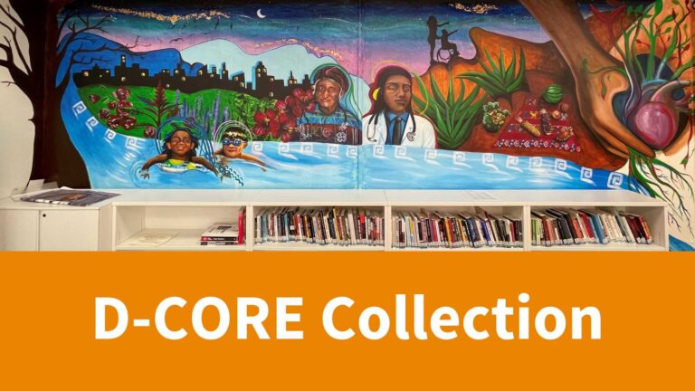 D-CORE collection with photo of a mural over a bookcase