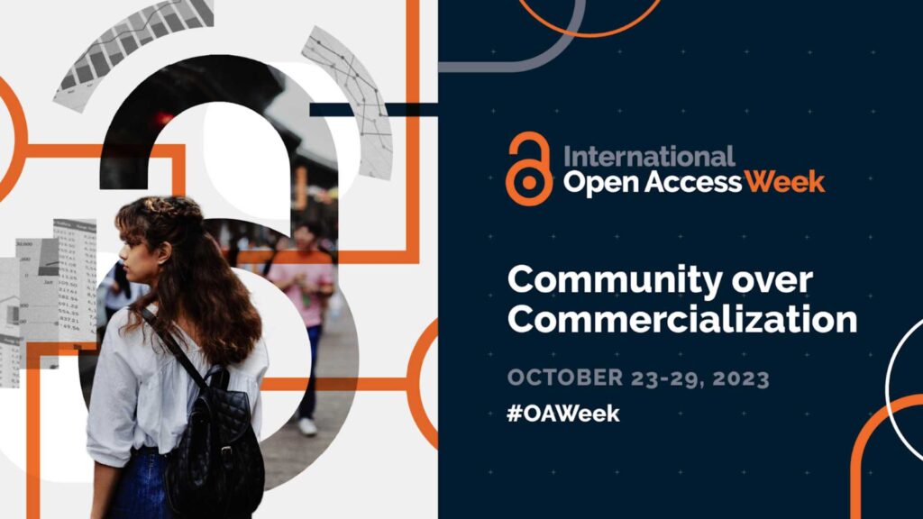 crowd with woman in the shape of an open lock for International Open Access Week