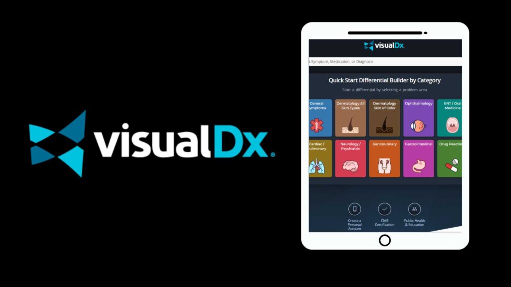 visual dx logo with search interface on an ipad screen