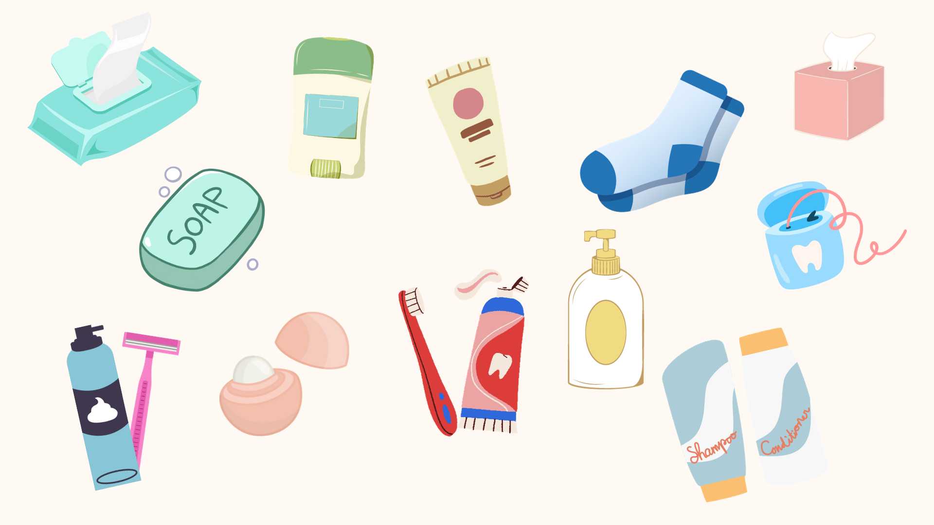 Cartoon drawings of tissue, deodorant, sunscreen, socks, wet wipes, floss, lotion, toothbrush, toothpaste, soap, shaving cream, razor, lip balm, shampoo, and conditioner