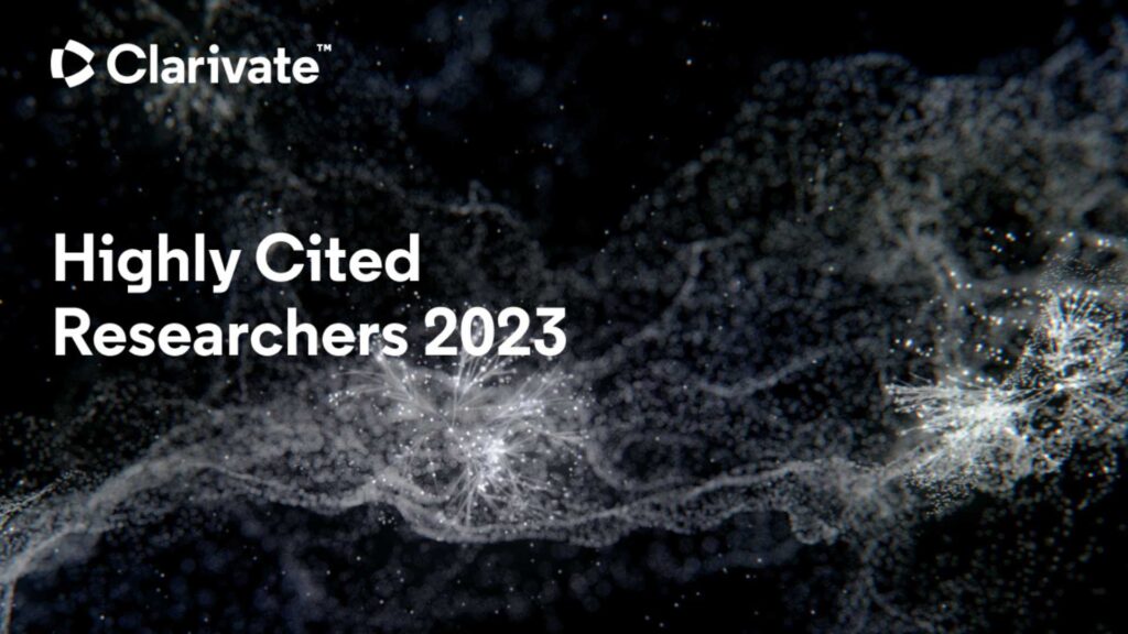 Text "Highly Cited Researchers 2023" with the logo for Clarivate at the top left of the image. In the background, there is a web of data in shades of grey.