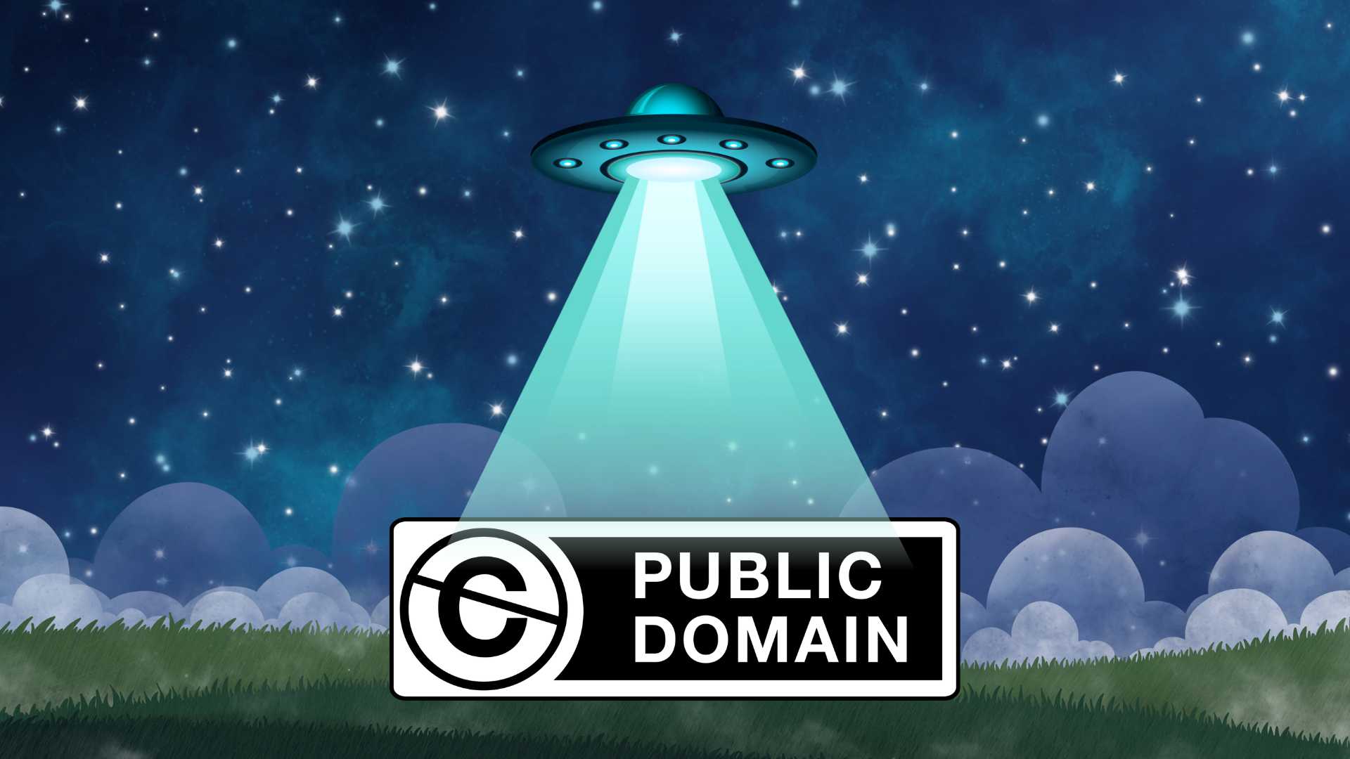Starry background with an alien space ship and the public domain logo