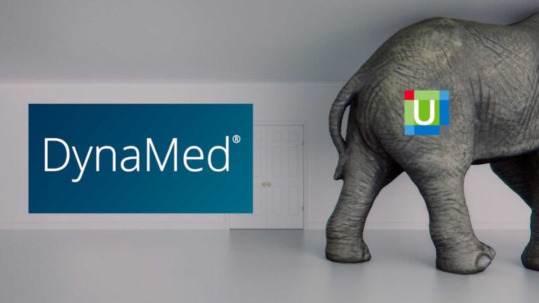 DynaMed logo in a room with a elephant walking out of the frame with the UpToDate logo