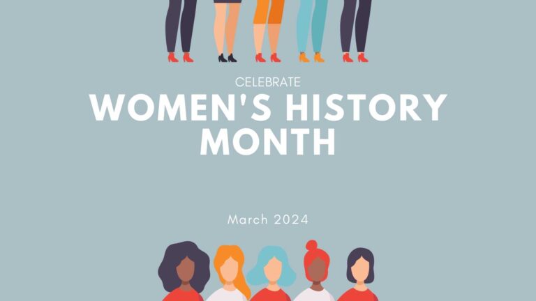 illustrated women's legs and heads on the blue background with the text celebrate women's history month, march 2024