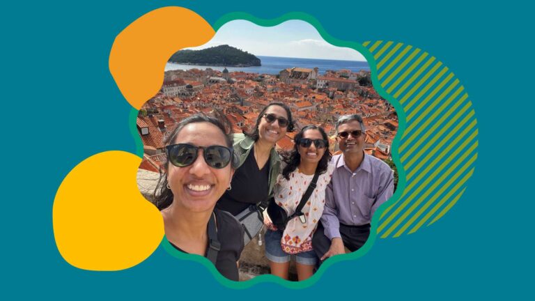 Photo of Anu Moorthy with her family in a European city