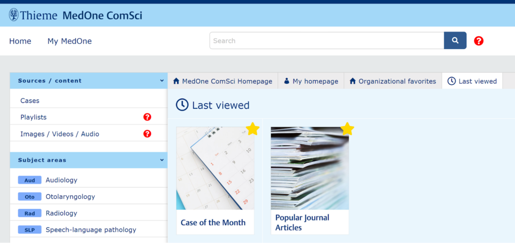 Screenshot of the Thieme MedOne ComSci homepage. The homepage provides a search bar for finding specific content, browseable menus for exploring content by source, subject area, and media type, and quick access links to user features such as playlists and favorites.