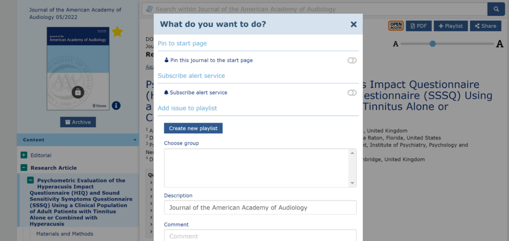 Screenshot of MedOne ComSci pop-up screen titled 'What do you want to do?' offering options to add journal content to your start page, subscribe to alerts, add the selected journal issue to a playlist, and more customizable features.