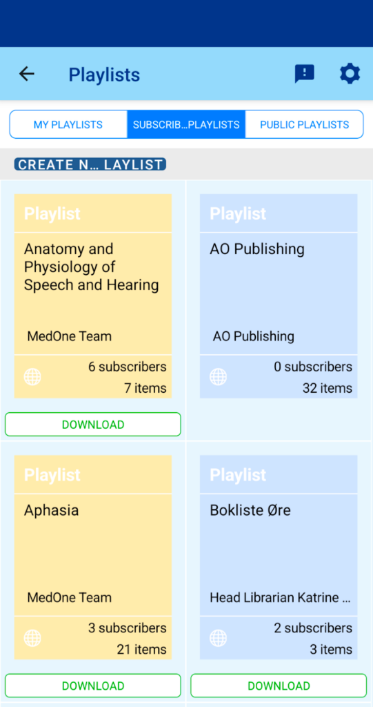 Mobile app screenshot from the MedOne app displaying a playlist menu titled "Playlists" with options to download publicly available playlists created by the MedOne Team, publishers, and the MedOne user community.