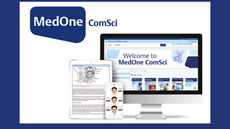 A white image on a blue background featuring the MedOne ComSci logo in the upper left corner and three devices displaying webpages from Thieme MedOne ComSci: a computer, a tablet, and a smartphone.
