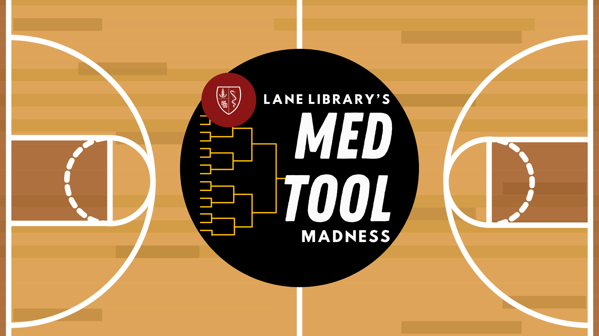 Spoof of the NCAA Tournament logo in the shape of Arizona with southwest styling of the desert with a basketball sun. Logo text reads Lane Library's Med Tool Madness. with a wooden basketball court in the background.