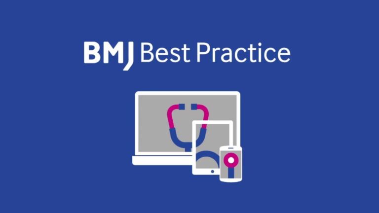 BMJ Best Practice logo with laptop and mobile devices with stethoscope icon
