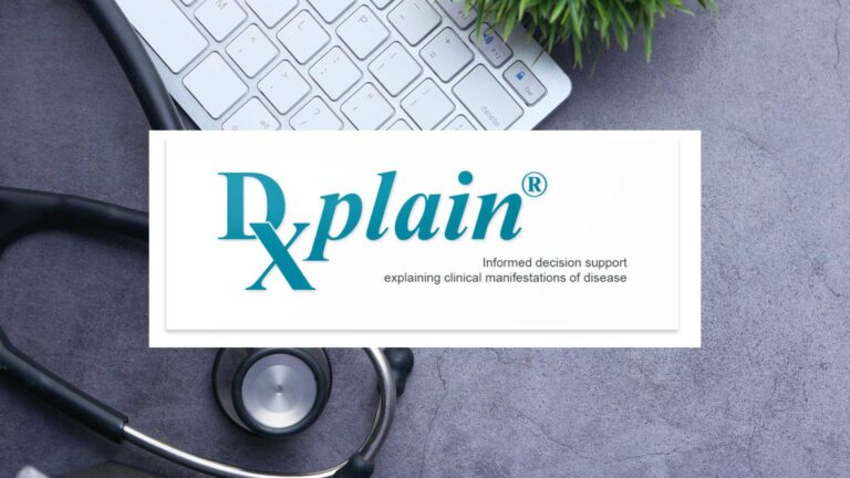 DXplain logo with stethoscope and keyboard in the background