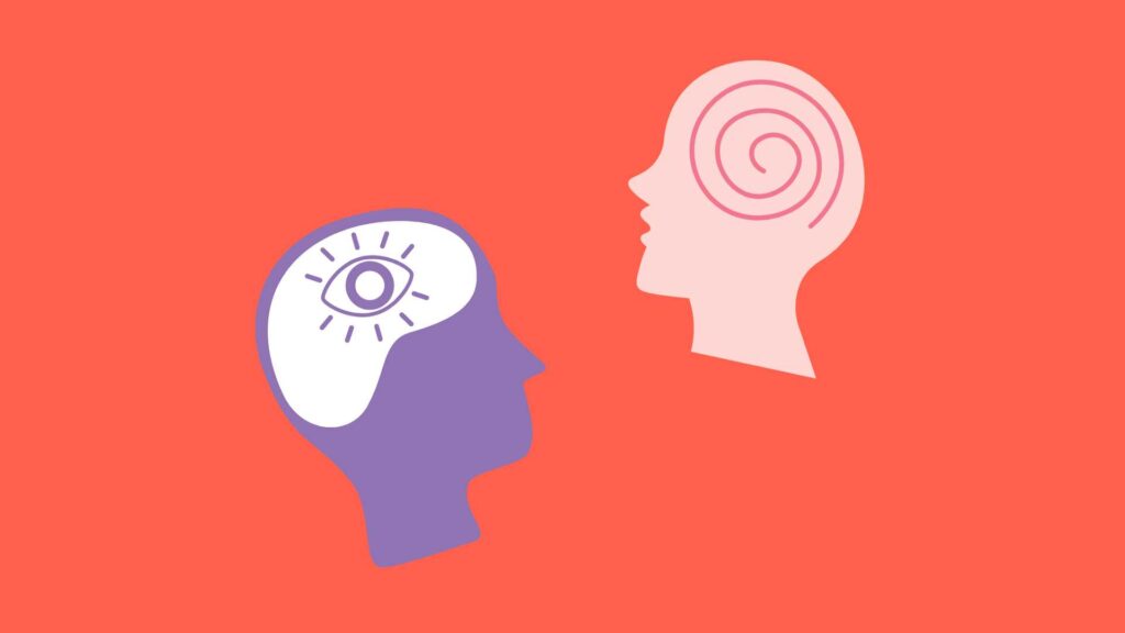 pink background with two head icons with designs in brain area to denote psychology