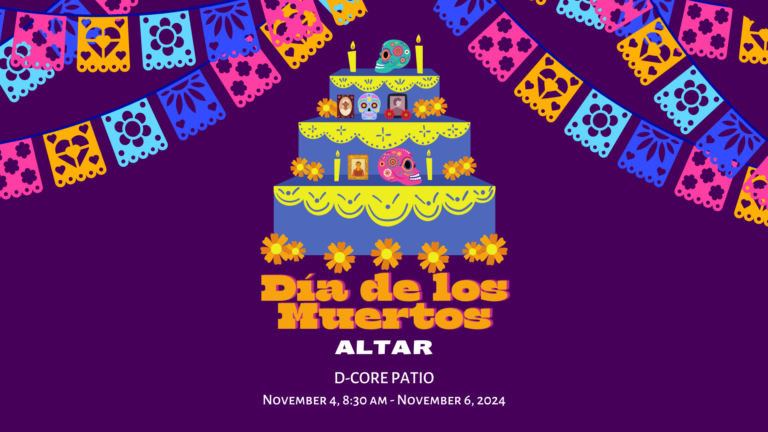 Colorful Día de los Muertos altar illustration with sugar skulls, photos, candles, and flowers and text that says "Día de los Muertos altar November 4, 8:30 AM through November 6, 2024