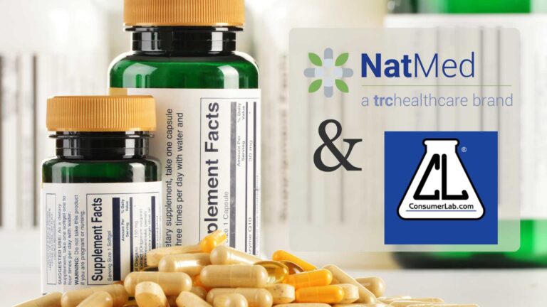 two vitamin bottles with pills and the logos for NatMed Pro and ConsumerLab