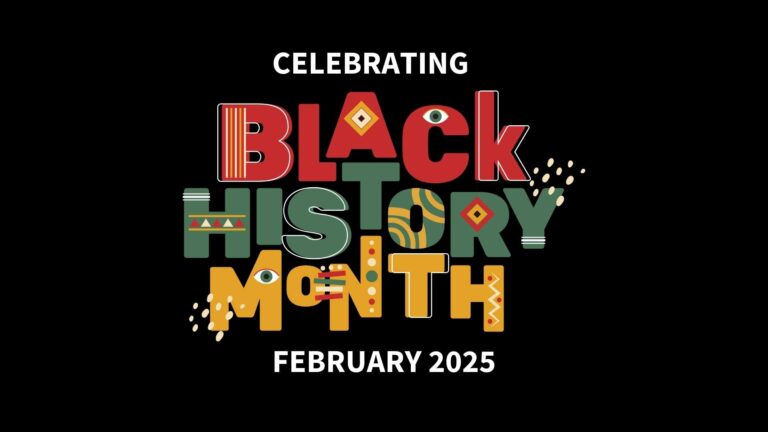 color text reading celebrating black history month February 2025