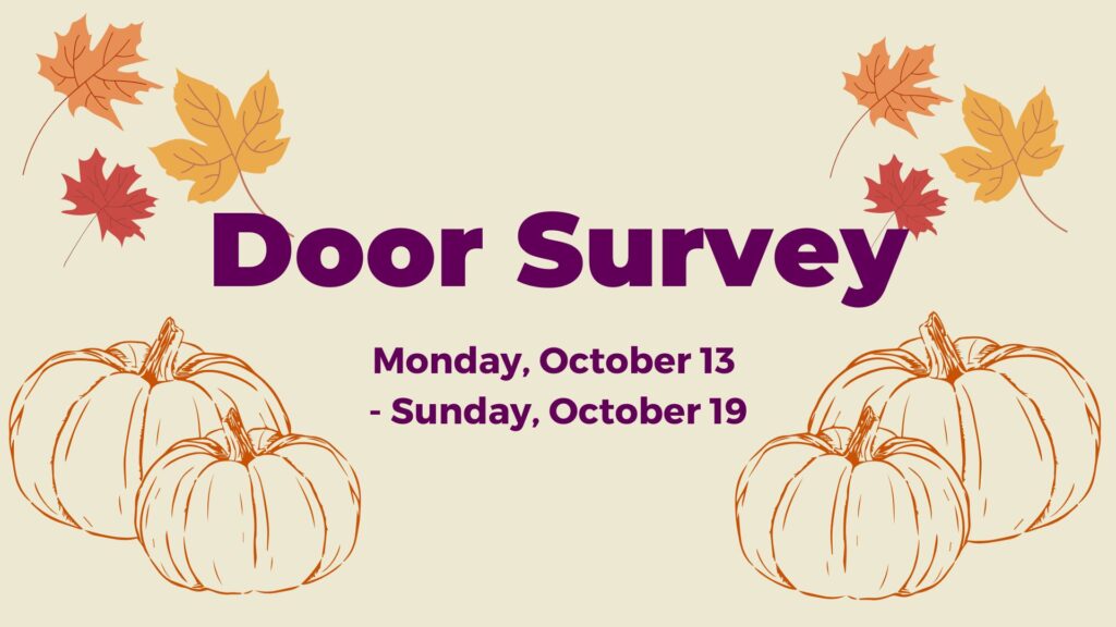 Door survey Monday October 13- Sunday October 19 with pumpkin and leaf illustrations